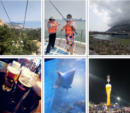 上圖依次為：仰口纜車、海上垂釣、黃河之濱、青島啤酒博物館、海昌極地海洋館、啤酒節